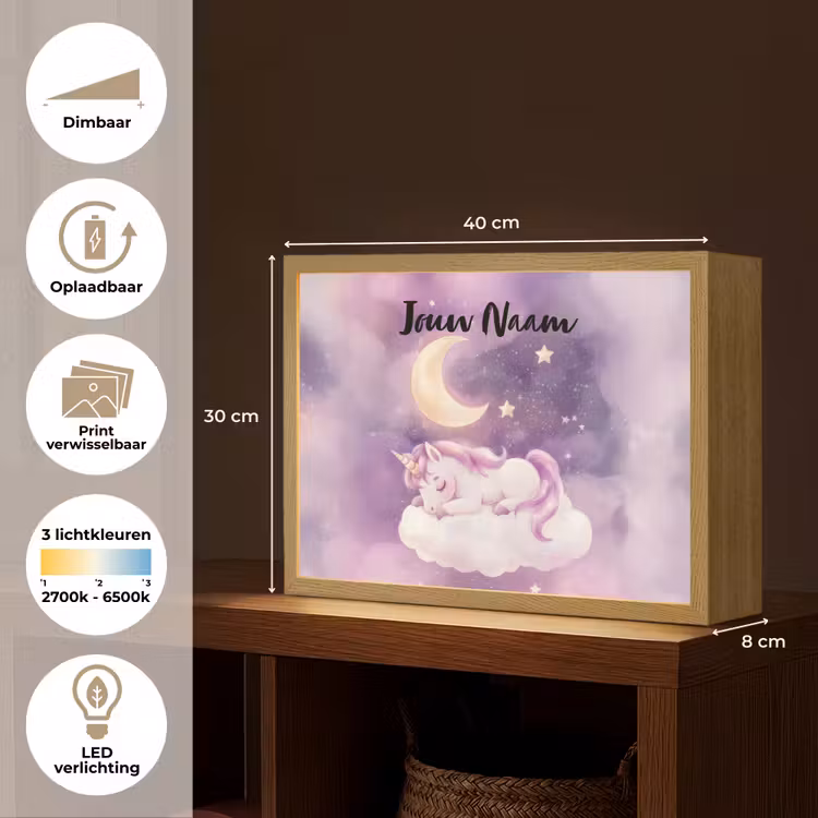 Eenhoorn - Paars - Sterrenhemel - Maan Light Box met batterij (Wandlamp kind) middel -USP_websiteoverzichtNL