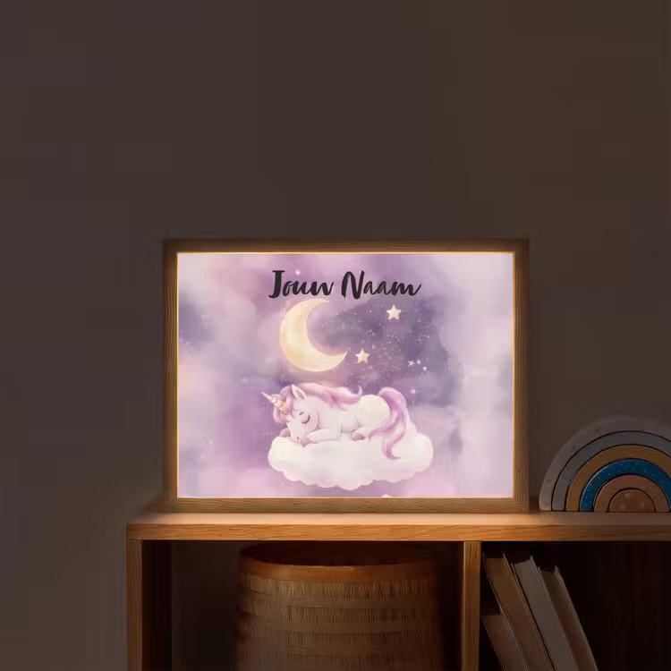 Eenhoorn - Paars - Sterrenhemel - Maan Light Box met batterij (Wandlamp kind) middel -sfeer1_kind