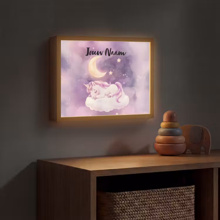 Eenhoorn - Paars - Sterrenhemel - Maan Light Box met batterij (Wandlamp kind) middel -sfeer5_kind