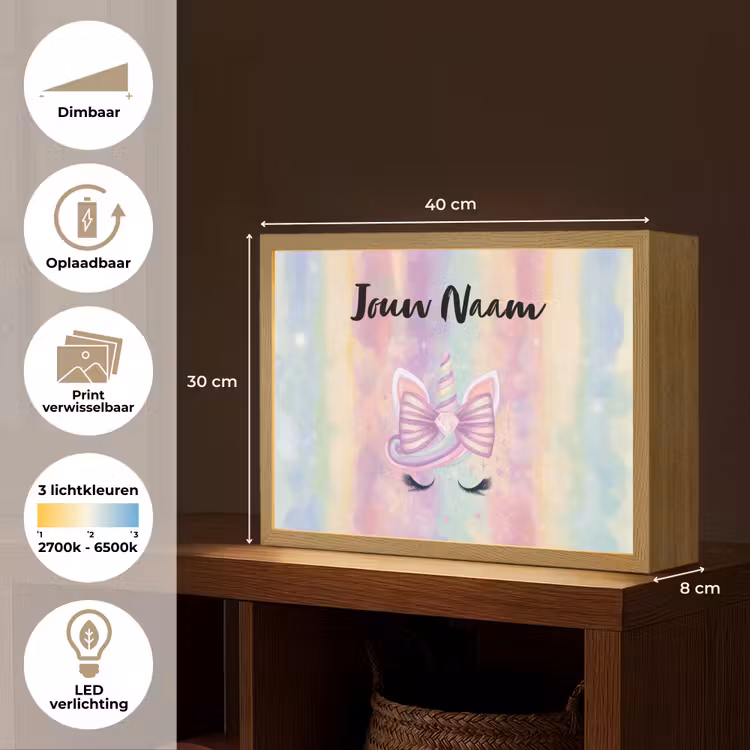Eenhoorn - Pastel - Glitters - Regenboog Light Box met batterij (Wandlamp kind) middel -USP_websiteoverzichtNL