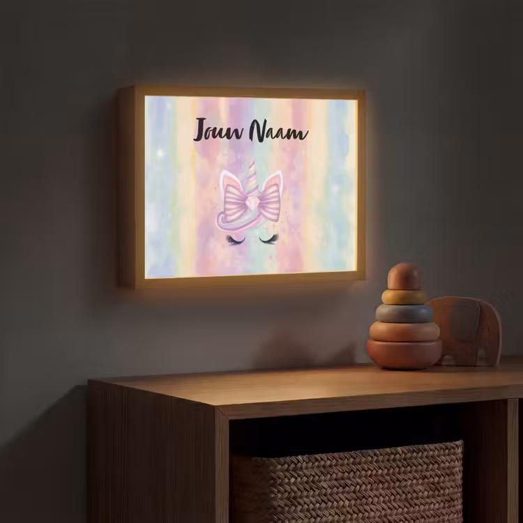 Eenhoorn - Pastel - Glitters - Regenboog Light Box met batterij (Wandlamp kind) middel -sfeer5_kind