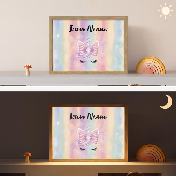 Eenhoorn - Pastel - Glitters - Regenboog Light Box met batterij (Wandlamp kind) middel -sfeer3_kind