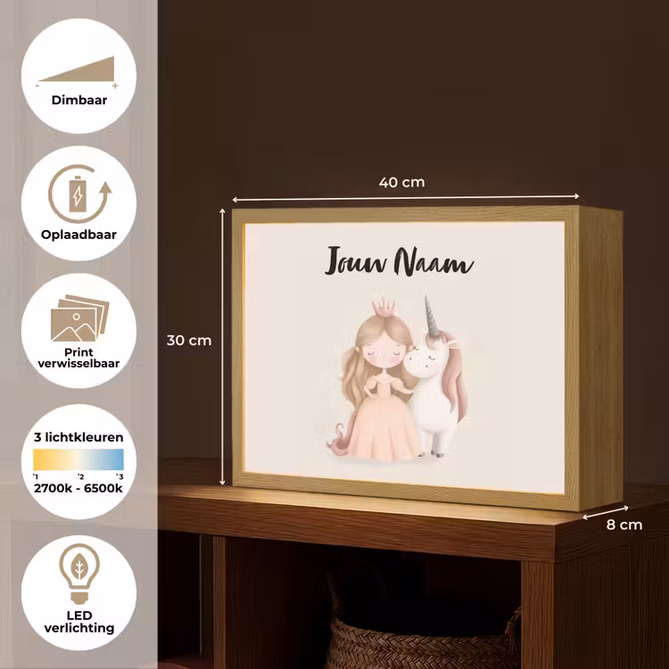 Eenhoorn - Prinses - Kroon - Jurk Light Box met batterij (Wandlamp kind) middel -USP_websiteoverzichtNL