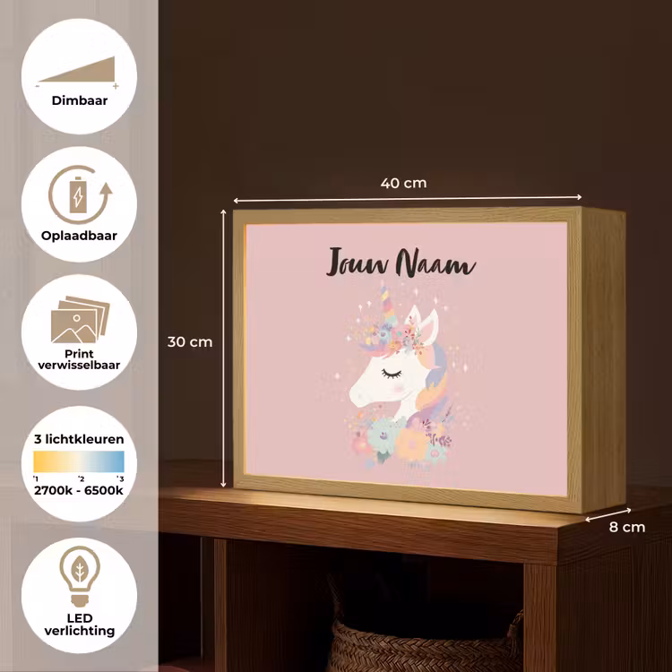 Eenhoorn - Roze - Bloemen Light Box met batterij (Wandlamp kind) middel -USP_websiteoverzichtNL