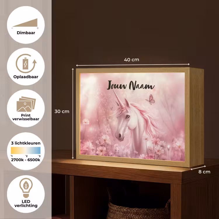 Eenhoorn - Roze - Vlinders - Bloemen Light Box met batterij (Wandlamp kind) middel -USP_websiteoverzichtNL