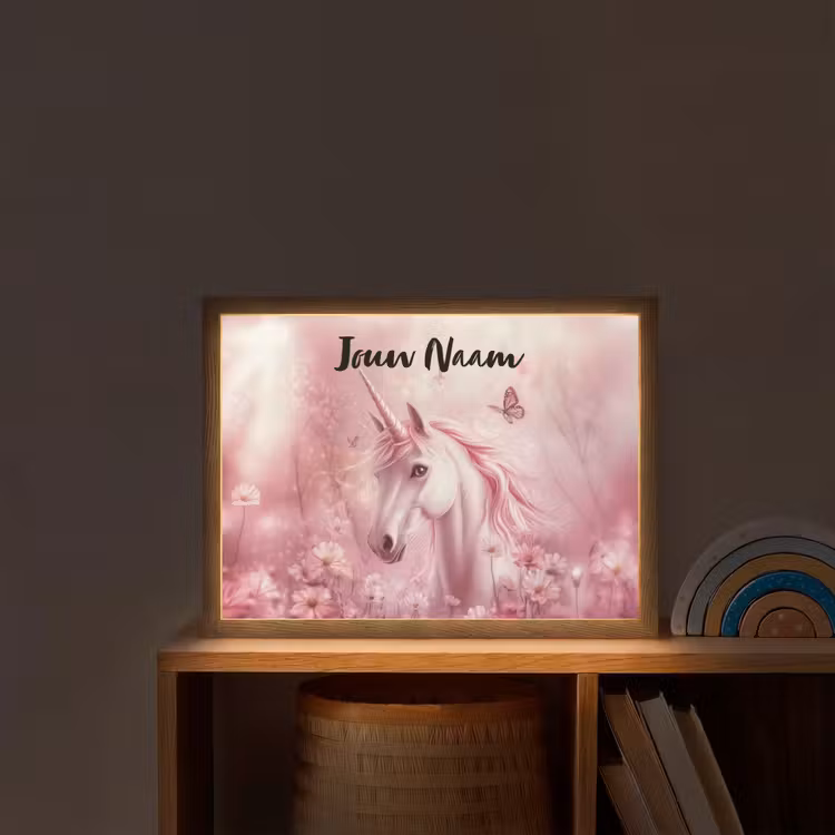 Eenhoorn - Roze - Vlinders - Bloemen Light Box met batterij (Wandlamp kind) middel -sfeer1_kind