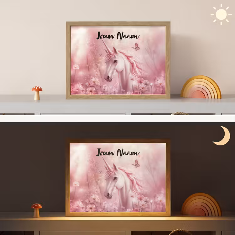 Eenhoorn - Roze - Vlinders - Bloemen Light Box met batterij (Wandlamp kind) middel -sfeer3_kind