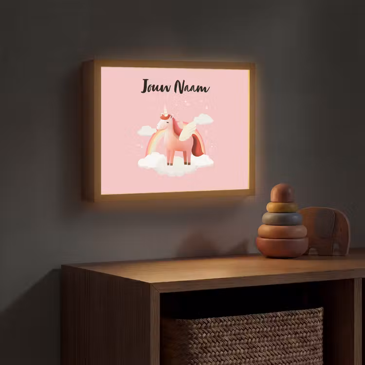 Eenhoorn - Vleugels - Roze - Regenboog Light Box met batterij (Wandlamp kind) middel -sfeer5_kind