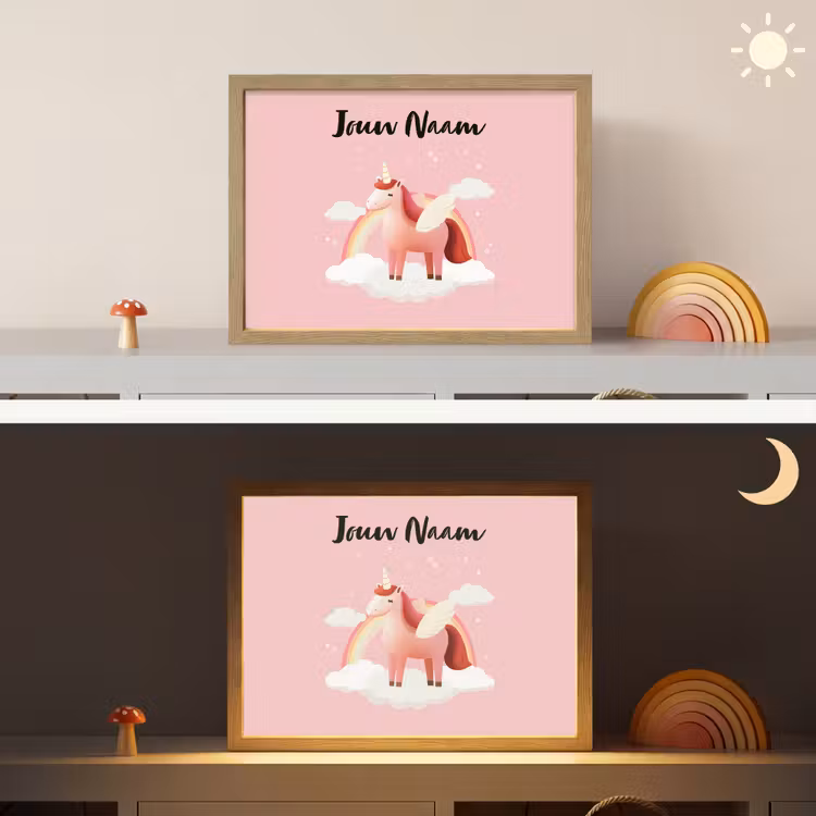 Eenhoorn - Vleugels - Roze - Regenboog Light Box met batterij (Wandlamp kind) middel -sfeer3_kind