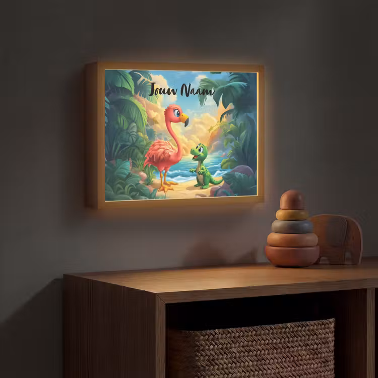 Flamingo - Dinosaurus - Strand - Kleurrijk Light Box met batterij (Wandlamp kind) middel -sfeer5_kind