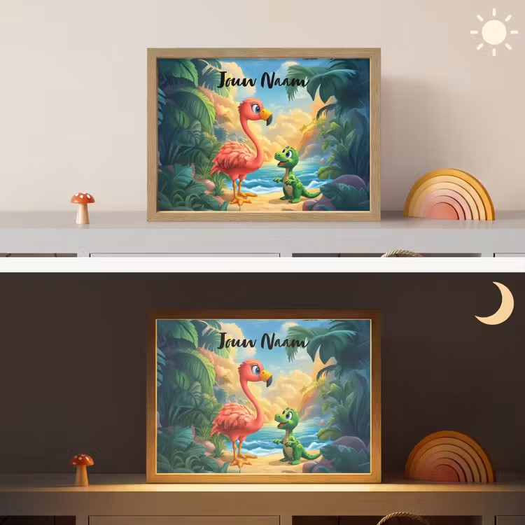 Flamingo - Dinosaurus - Strand - Kleurrijk Light Box met batterij (Wandlamp kind) middel -sfeer3_kind