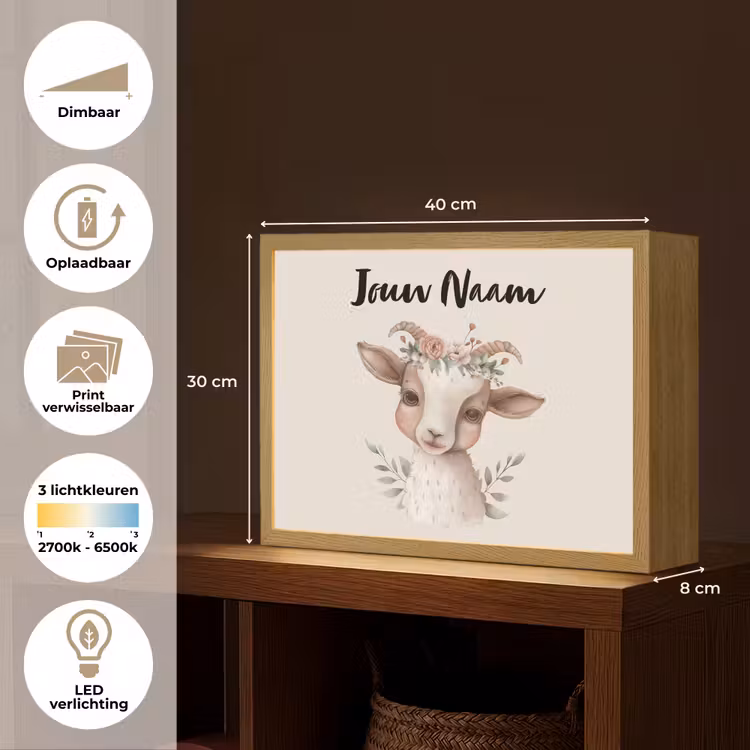 Geit - Dier - Bohemian - Bloemen - Boho Light Box met batterij (Wandlamp kind) middel -USP_websiteoverzichtNL