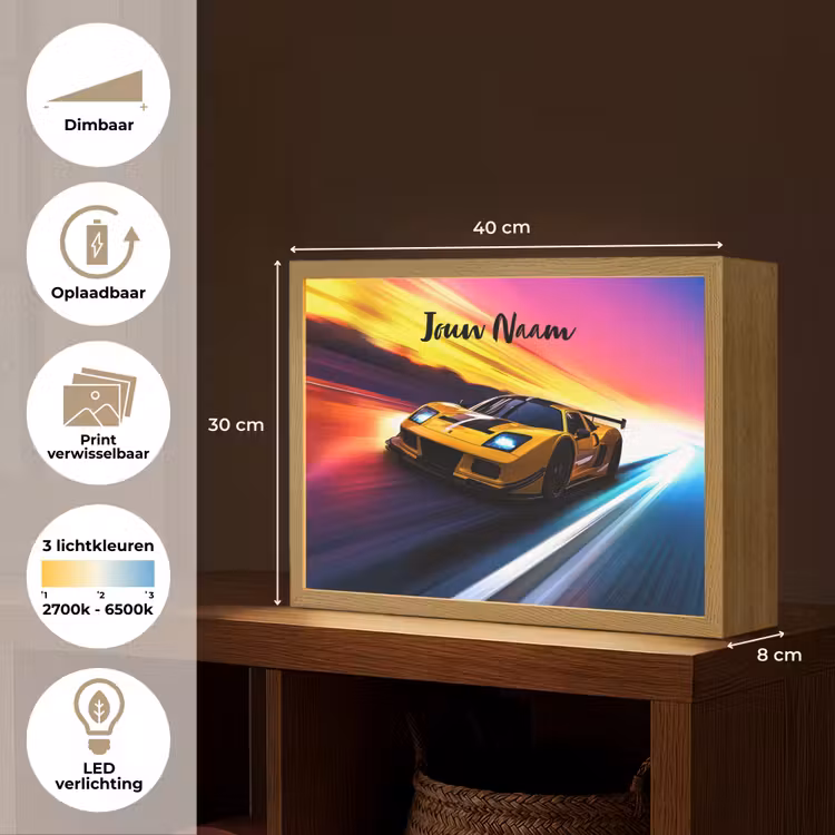 Gele raceauto - Kleurrijk - Neon Light Box met batterij (Wandlamp kind) middel -USP_websiteoverzichtNL