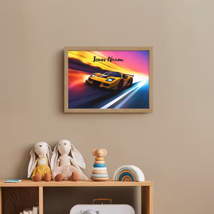 Gele raceauto - Kleurrijk - Neon Light Box met batterij (Wandlamp kind) middel -sfeer2_kind