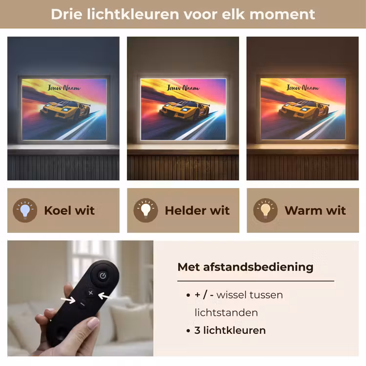 Gele raceauto - Kleurrijk - Neon Light Box met batterij (Wandlamp kind) middel -USP_lichtkleurNL