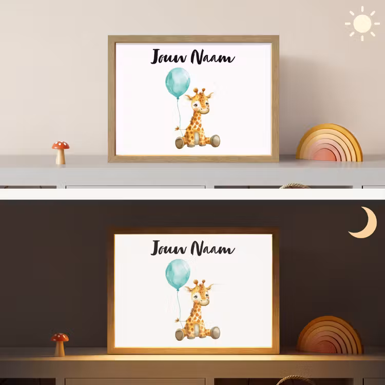 Giraf - Baby - Dieren - Blauwe ballon Light Box met batterij (Wandlamp kind) middel -sfeer3_kind