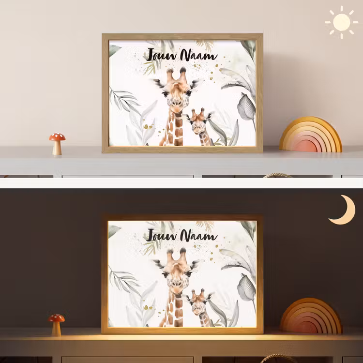 Giraffe - Bladeren - Kinderen - Dieren - Jungle Light Box met batterij (Wandlamp kind) middel -sfeer3_kind
