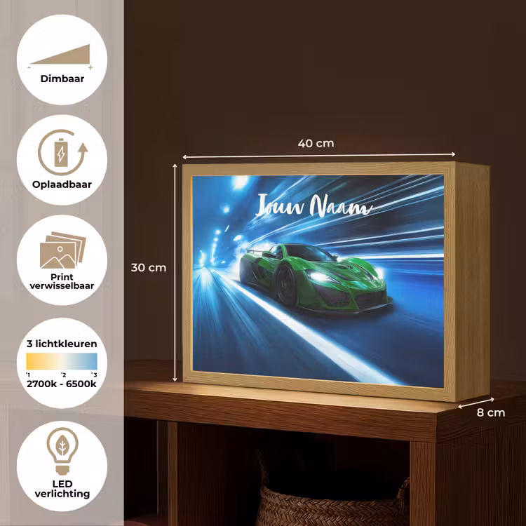 Groene racewagen - Blauw - Neon - Licht Light Box met batterij (Wandlamp kind) middel -USP_websiteoverzichtNL