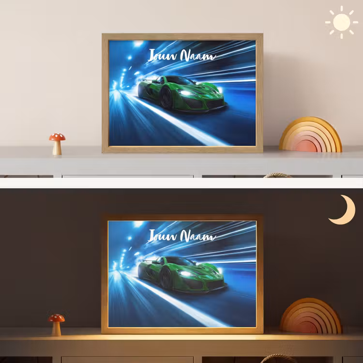 Groene racewagen - Blauw - Neon - Licht Light Box met batterij (Wandlamp kind) middel -sfeer3_kind