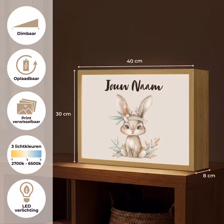 Haas - Dier - Bohemian - Pastel kleuren Light Box met batterij (Wandlamp kind) middel -USP_websiteoverzichtNL