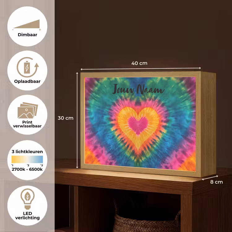 Hart - Kleurrijk - Regenboog - Tie Dye Light Box met batterij (Wandlamp kind) middel -USP_websiteoverzichtNL