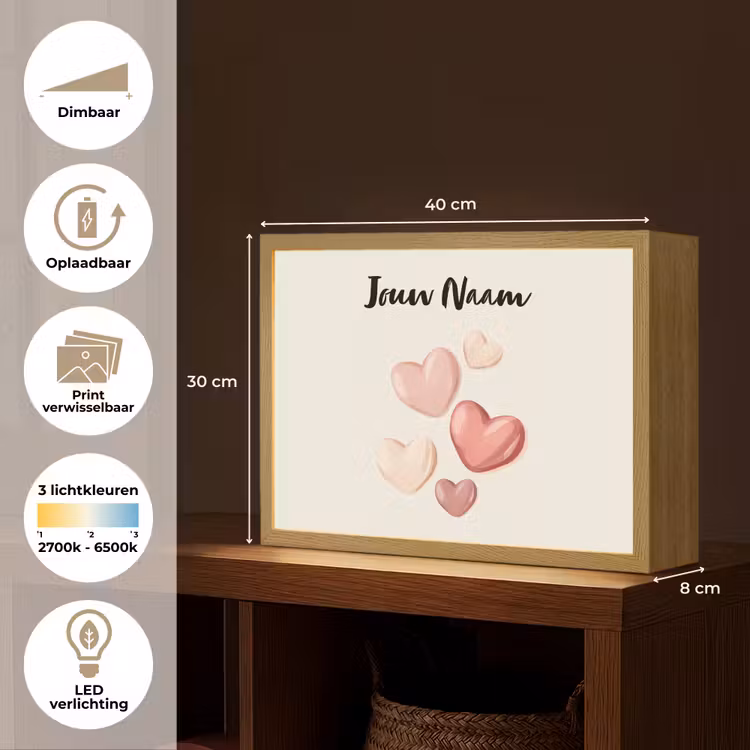 Hartjes - Roze - Minimalistisch - Illustratie Light Box met batterij (Wandlamp kind) middel -USP_websiteoverzichtNL