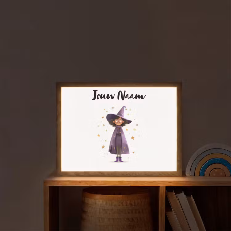 Heks - Paars - Sterren - Heksenhoed Light Box met batterij (Wandlamp kind) middel -sfeer1_kind