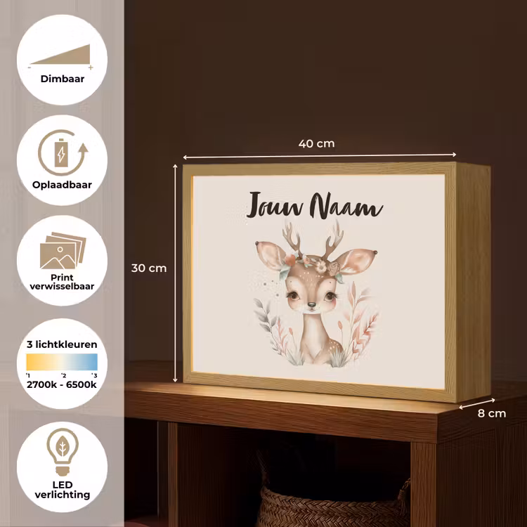 Hert - Bohemian - Bloemen - Bosdieren Light Box met batterij (Wandlamp kind) middel -USP_websiteoverzichtNL