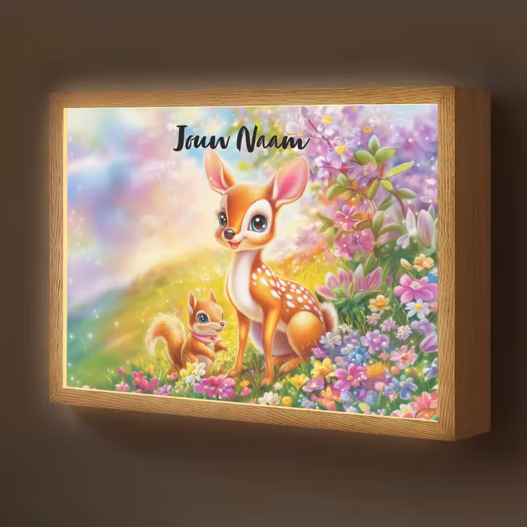 Hertje - Eekhoorn - Bloemenveld - Kleurrijk Light Box met batterij (Wandlamp kind) middel -z3d_website