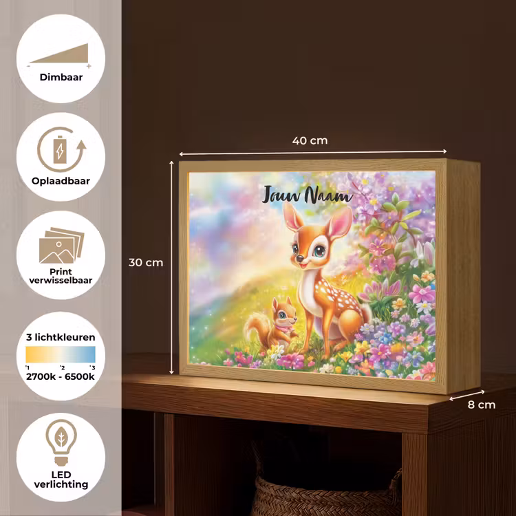 Hertje - Eekhoorn - Bloemenveld - Kleurrijk Light Box met batterij (Wandlamp kind) middel -USP_websiteoverzichtNL