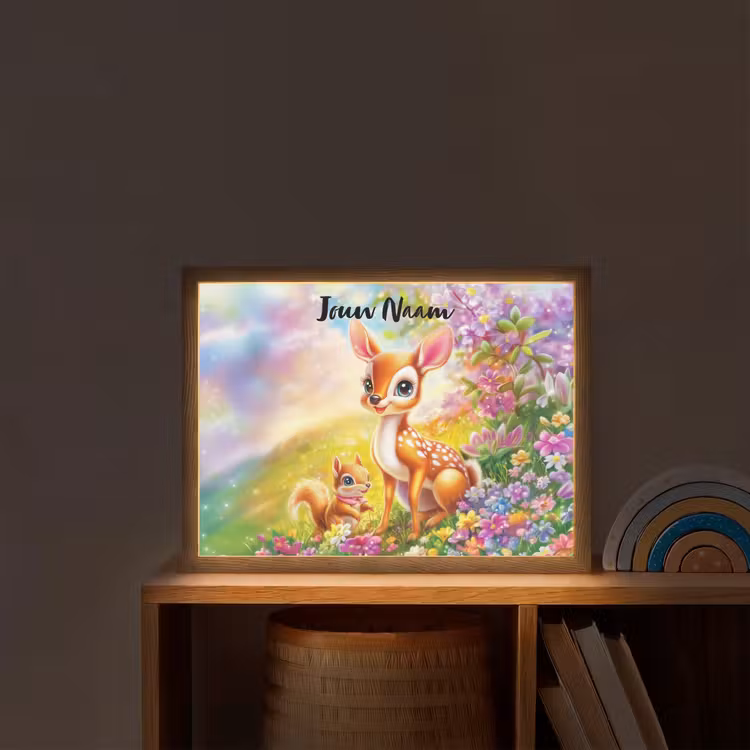 Hertje - Eekhoorn - Bloemenveld - Kleurrijk Light Box met batterij (Wandlamp kind) middel -sfeer1_kind