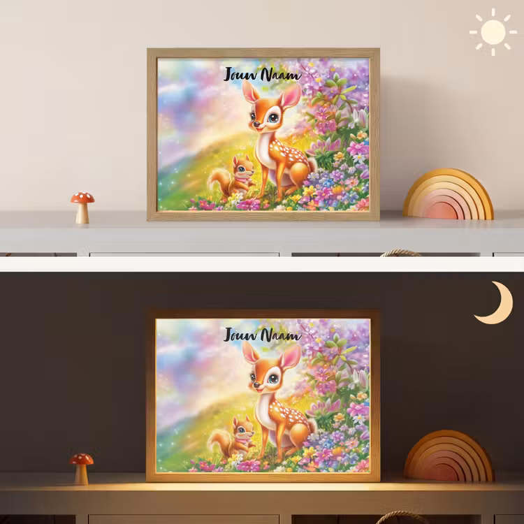 Hertje - Eekhoorn - Bloemenveld - Kleurrijk Light Box met batterij (Wandlamp kind) middel -sfeer3_kind