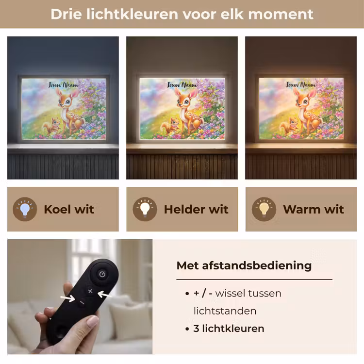 Hertje - Eekhoorn - Bloemenveld - Kleurrijk Light Box met batterij (Wandlamp kind) middel -USP_lichtkleurNL