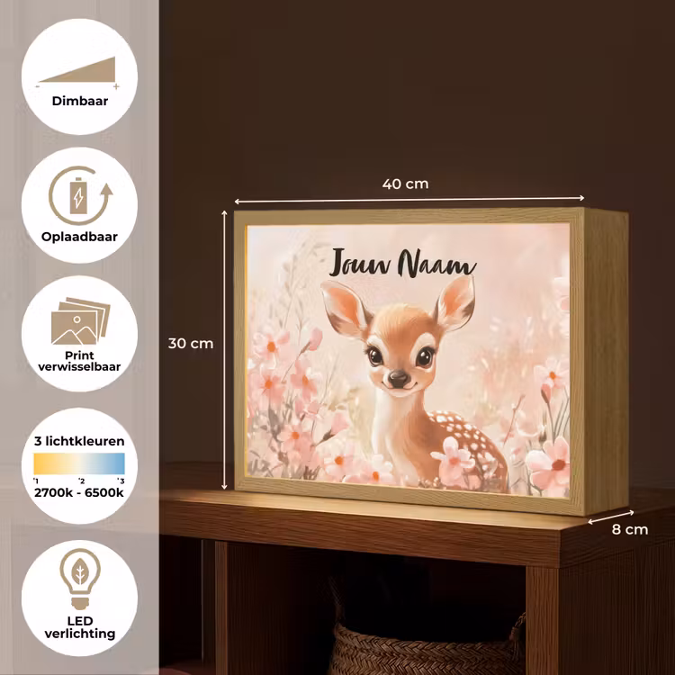 Hertje - Illustratie - Bloemen - Roze Light Box met batterij (Wandlamp kind) middel -USP_websiteoverzichtNL