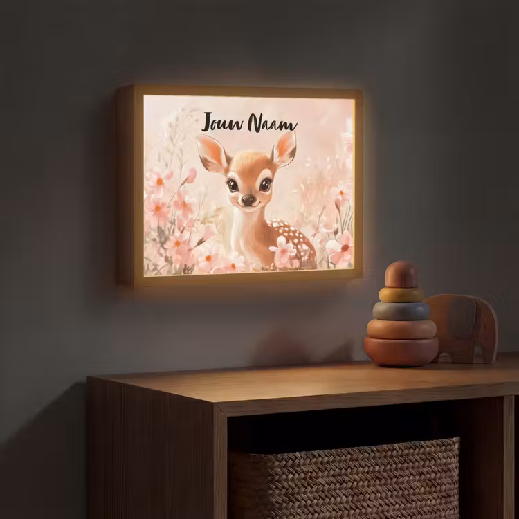 Hertje - Illustratie - Bloemen - Roze Light Box met batterij (Wandlamp kind) middel -sfeer5_kind