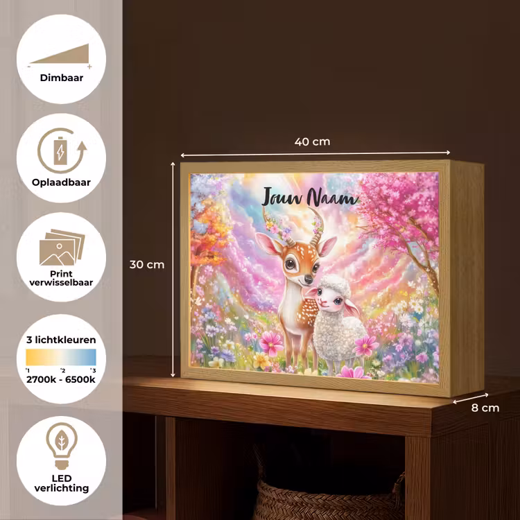 Hertje - Lammetje - Bloemen - Pastel Light Box met batterij (Wandlamp kind) middel -USP_websiteoverzichtNL