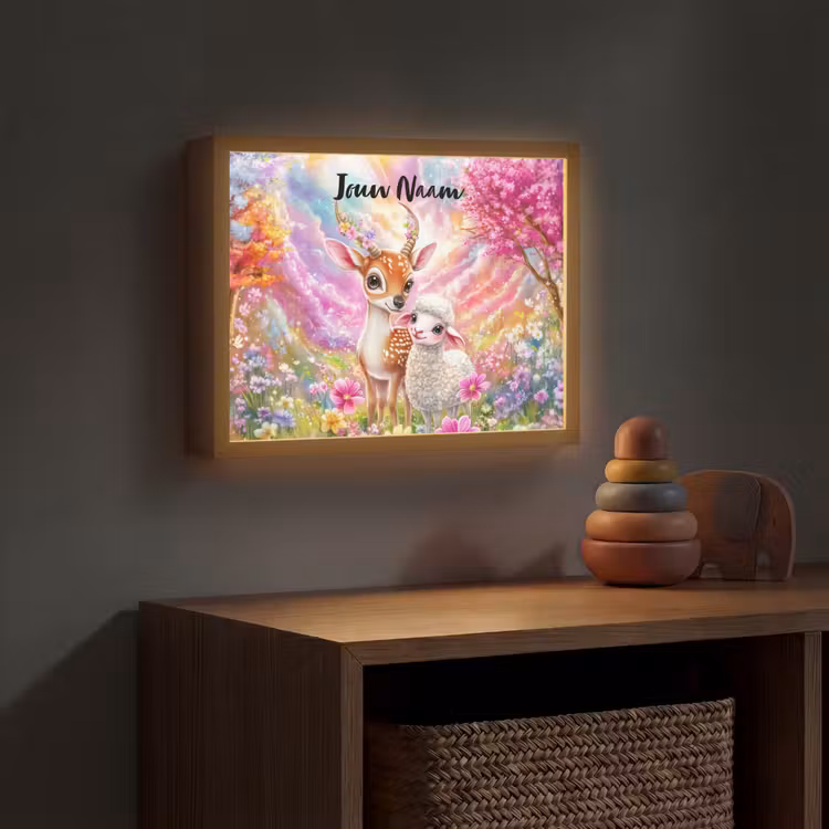 Hertje - Lammetje - Bloemen - Pastel Light Box met batterij (Wandlamp kind) middel -sfeer5_kind
