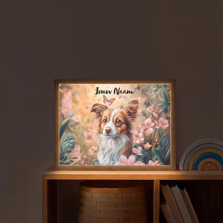 Hond - Bloemen - Roze Light Box met batterij (Wandlamp kind) middel -sfeer1_kind