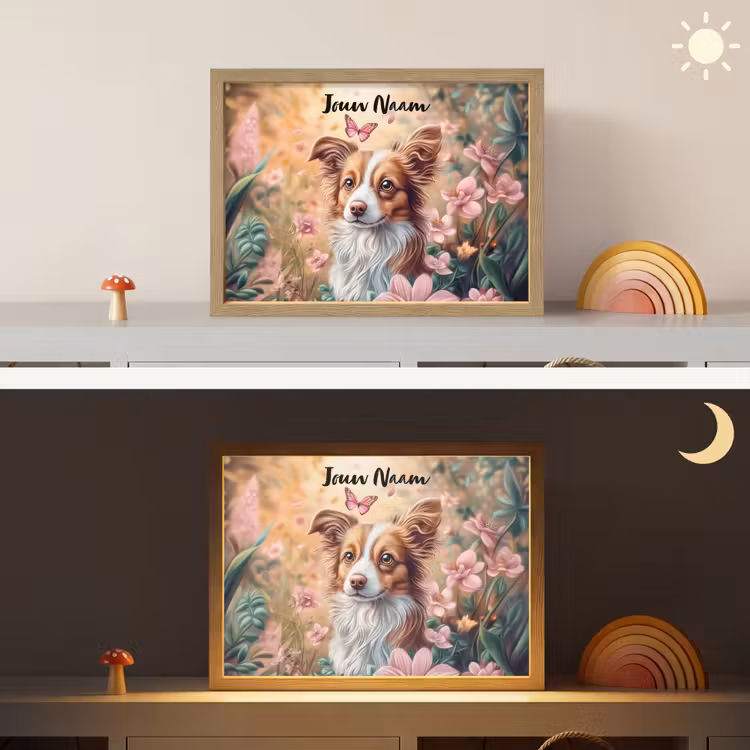 Hond - Bloemen - Roze Light Box met batterij (Wandlamp kind) middel -sfeer3_kind