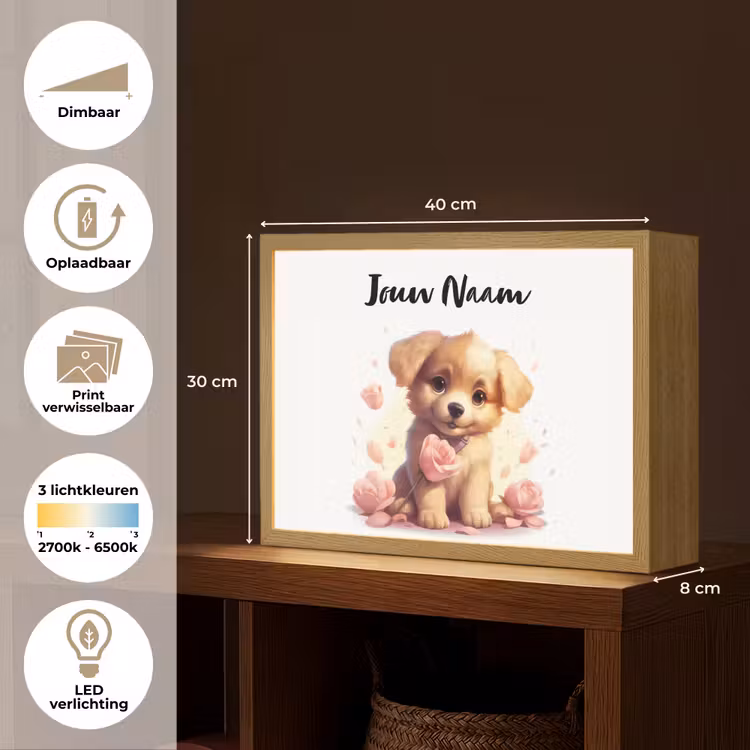 Hond - Bloemen - Roze - Meisjes - Kind Light Box met batterij (Wandlamp kind) middel -USP_websiteoverzichtNL