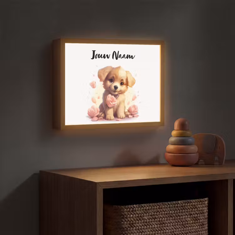 Hond - Bloemen - Roze - Meisjes - Kind Light Box met batterij (Wandlamp kind) middel -sfeer5_kind