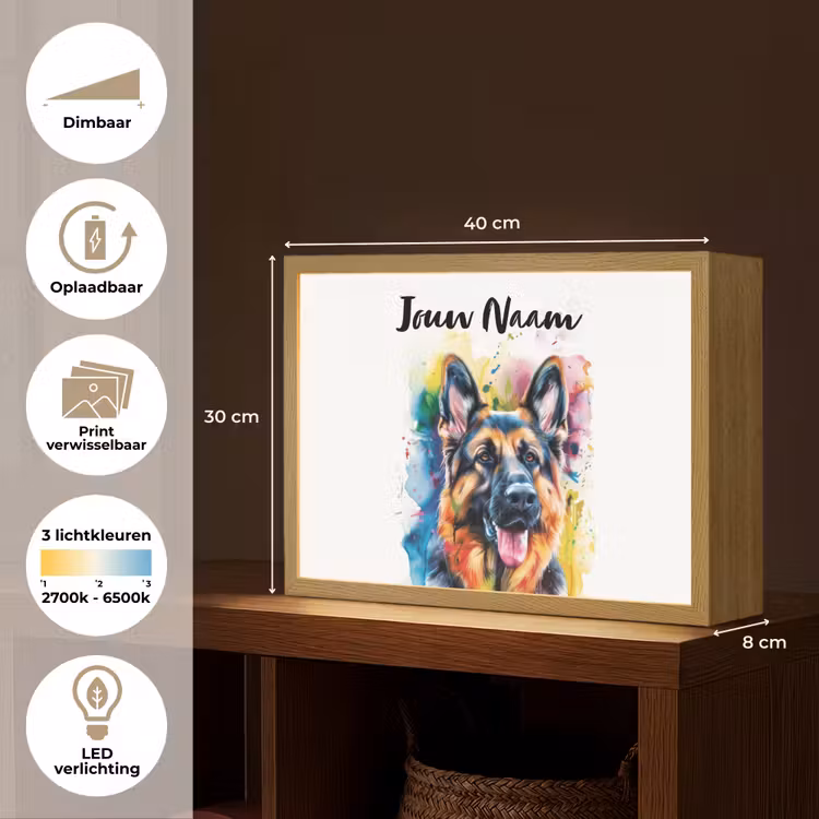 Hond - Verf - Dieren - Kleurrijk - Duitse Herder Light Box met batterij (Wandlamp kind) middel -USP_websiteoverzichtNL