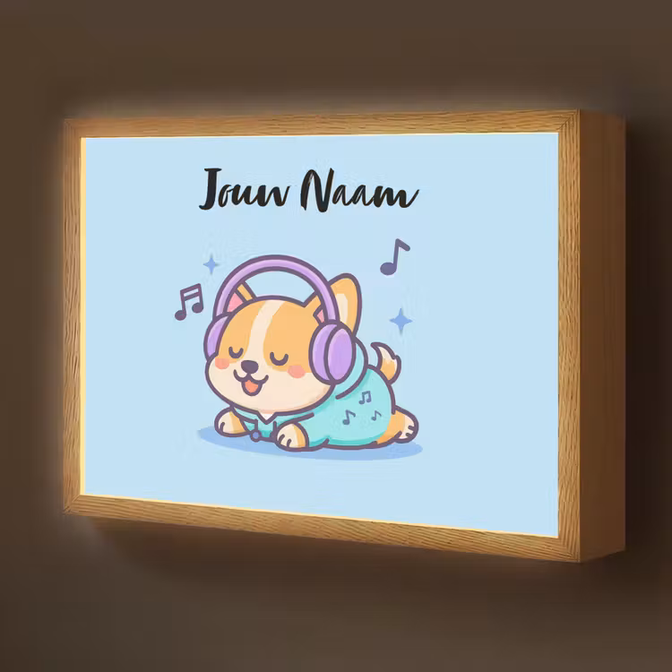 Hondje - Koptelefoon - Blauw - Muzieknoten Light Box met batterij (Wandlamp kind) middel -z3d_website