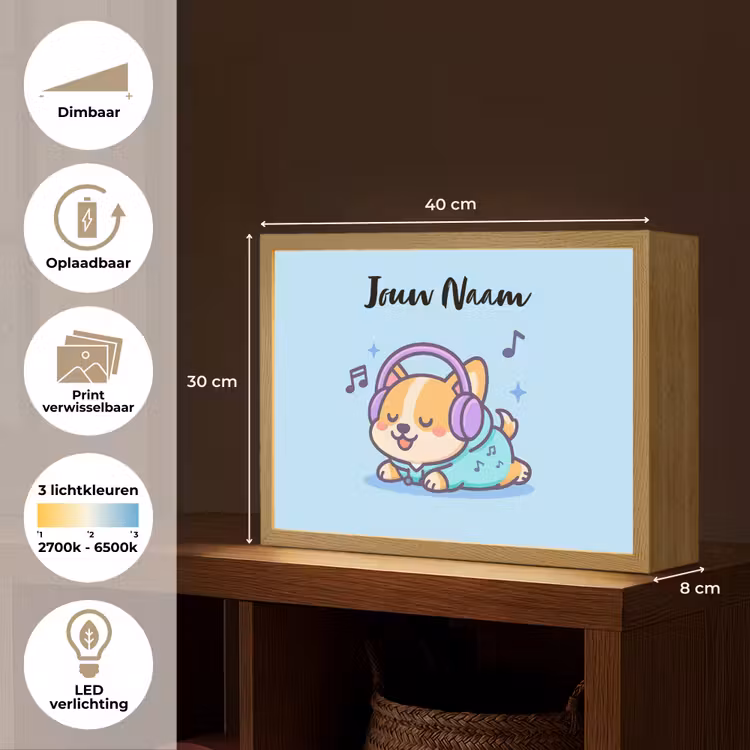 Hondje - Koptelefoon - Blauw - Muzieknoten Light Box met batterij (Wandlamp kind) middel -USP_websiteoverzichtNL