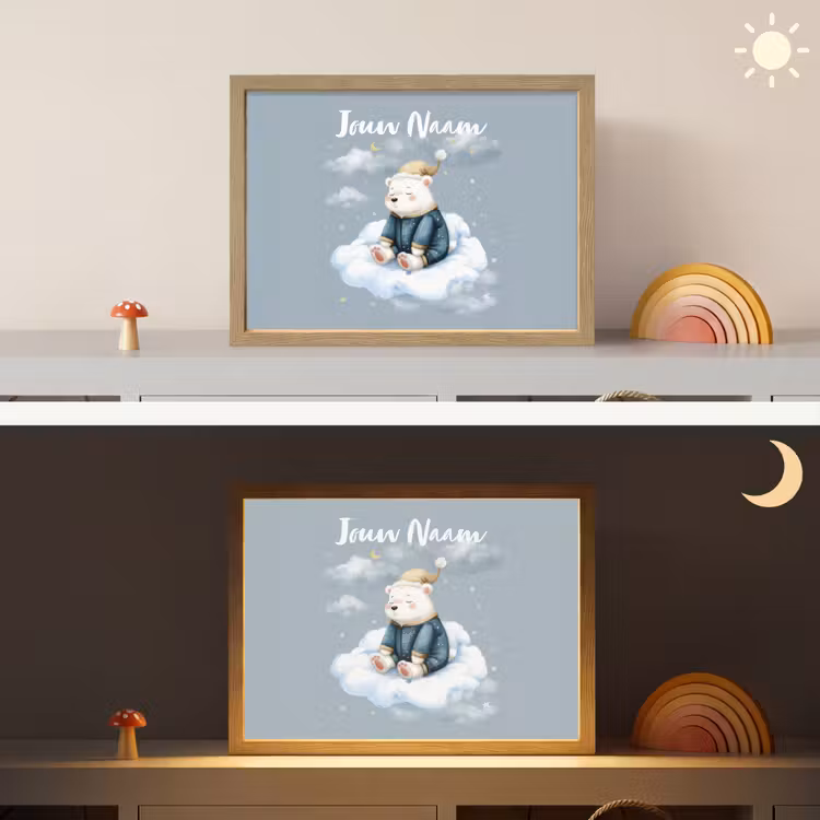 Ijsbeer - Pyjama - Wolken - Sterrenhemel Light Box met batterij (Wandlamp kind) middel -sfeer3_kind