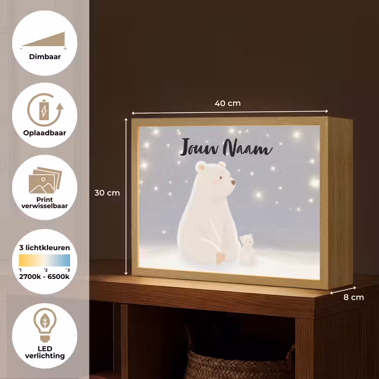 Ijsbeer - Sneeuw - Sterren - Blauw Light Box met batterij (Wandlamp kind) middel -USP_websiteoverzichtNL