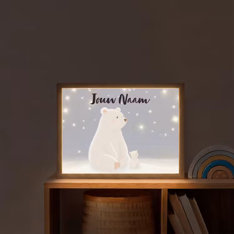 Ijsbeer - Sneeuw - Sterren - Blauw Light Box met batterij (Wandlamp kind) middel -sfeer1_kind