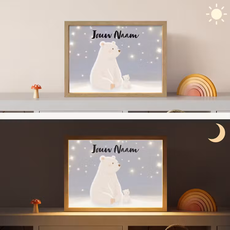 Ijsbeer - Sneeuw - Sterren - Blauw Light Box met batterij (Wandlamp kind) middel -sfeer3_kind