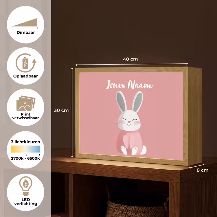 Illustratie - Konijn - Roze - Minimalistisch Light Box met batterij (Wandlamp kind) middel -USP_websiteoverzichtNL