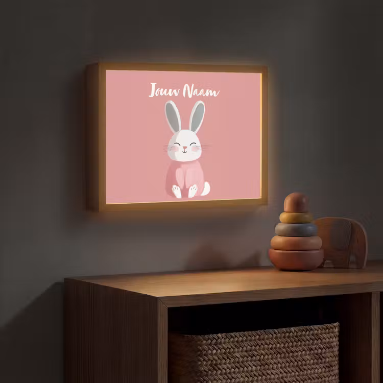 Illustratie - Konijn - Roze - Minimalistisch Light Box met batterij (Wandlamp kind) middel -sfeer5_kind